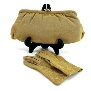 Vintage Gold Lame Evening Clutch Bag and Matching Gloves Set Metallic Formal